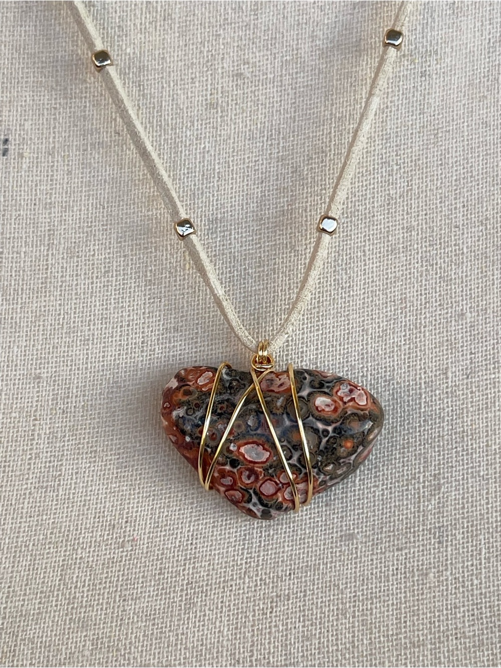 Jaguar Jasper Necklace on a White Suede Cord with Gold Tone Accents